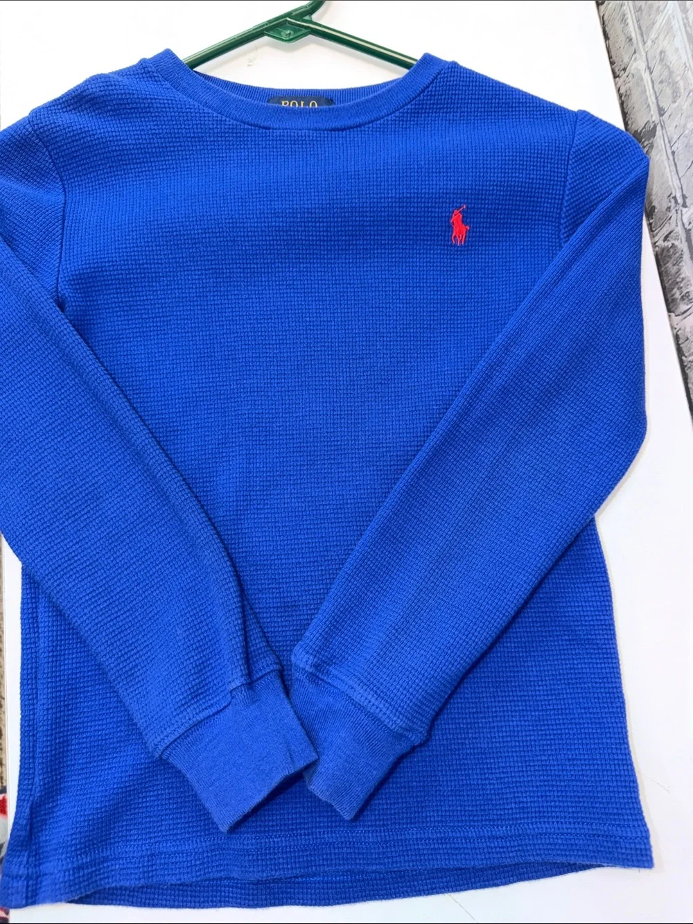 Polo by Ralph Lauren Boys' Cobalt Blue Long Sleeve Waffle Knit Tee with Red Pony